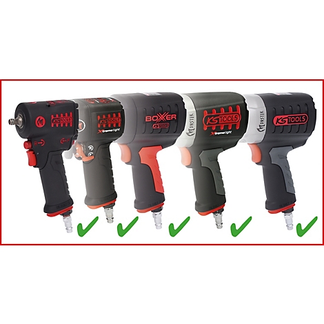 Fünf schwarze Druckluftschrauber mit roten und grauen Akzenten, nebeneinander, mit grünen Häkchen.